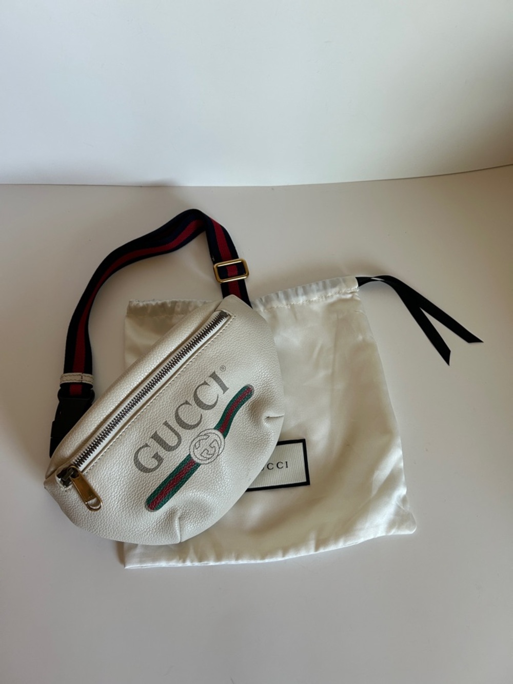 Gucci White Leather Logo Belt Bag with Green-Red Web Strap and Gold Hardware